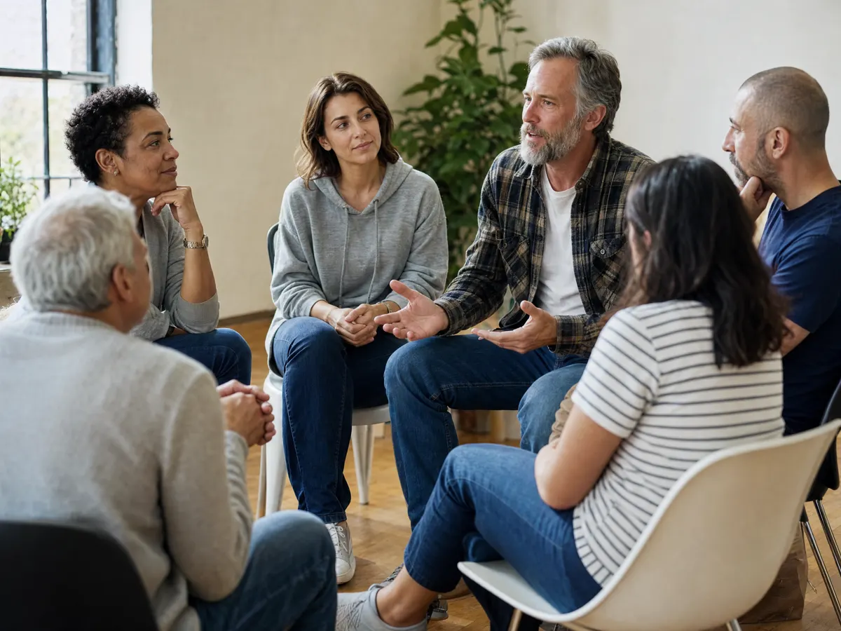 Adults sitting in a circle in a bright group room, one man speaking