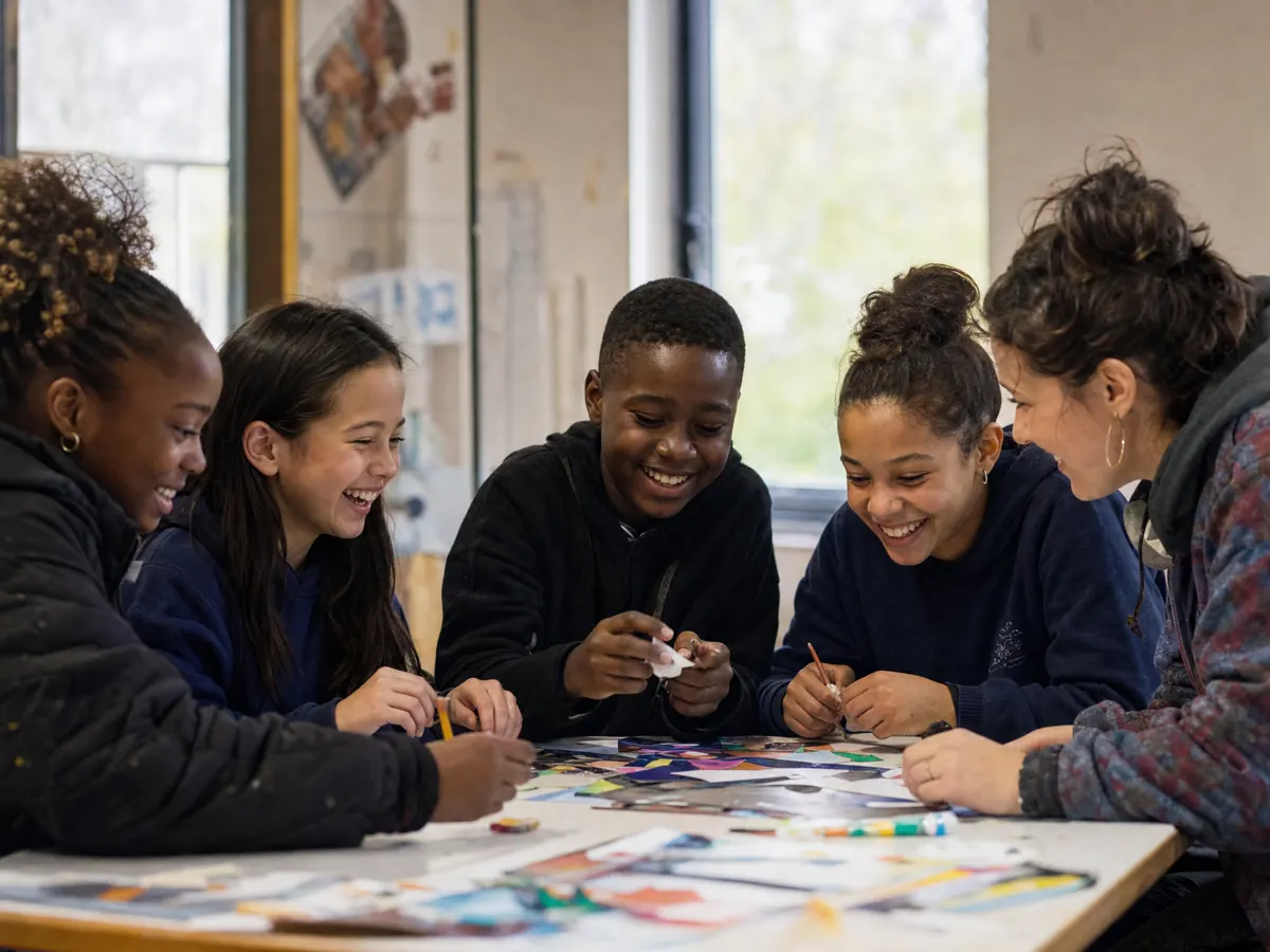 Children working on a paper craft project at a table with a staff member